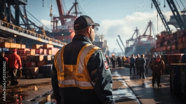 Fototapeta Transportation shipping, Crane operator in a busy seaport, cargo containers in the background.