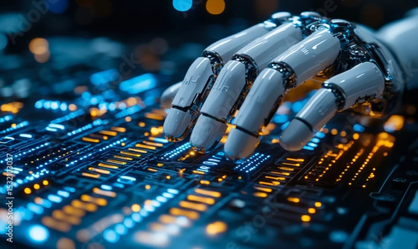 Fototapeta Futuristic robotic hand interacting with illuminated circuit board technology close-up in digital innovation concept