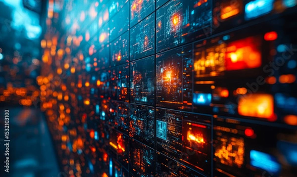Obraz Abstract digital data center server racks with glowing orange and blue lights representing high-tech networking and information storage systems in futuristic environment
