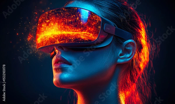 Fototapeta Futuristic woman wearing virtual reality headset with glowing orange digital cityscape and cyber effects in dark background for technology innovation concept