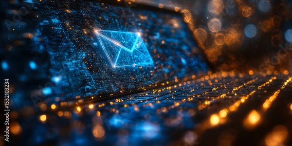 Fototapeta Futuristic digital email envelope icon glowing on computer keyboard with blue and orange bokeh lights representing email marketing technology concept