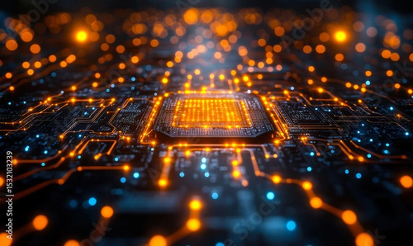 Fototapeta Close up glowing orange digital microchip circuit board with blue highlights futuristic computer technology background in shallow depth of field macro view