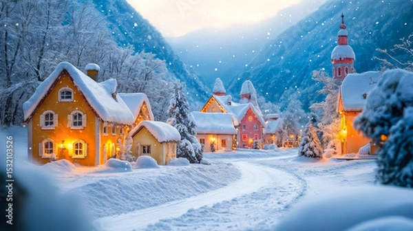 Fototapeta Snow covered village houses illuminated with warm lights during winter evening with mountains and snowfall in background