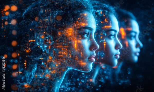Fototapeta Futuristic female faces with digital data overlay glowing blue and orange cyber technology concept artificial intelligence and human integration profile view