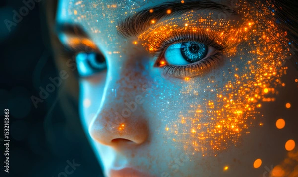 Fototapeta Close-up of young woman's face with blue eyes illuminated by glowing orange digital particles representing futuristic technology and artificial intelligence concept