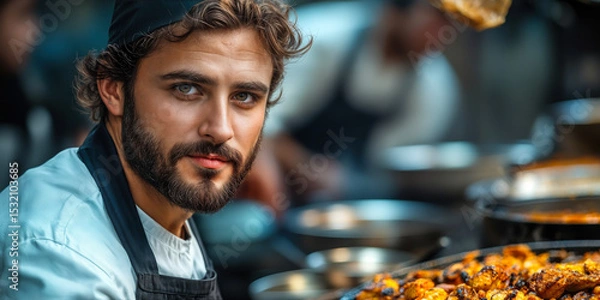 Fototapeta Young chef focused on cooking grilled meat in busy professional kitchen with blurred background, culinary preparation in restaurant setting