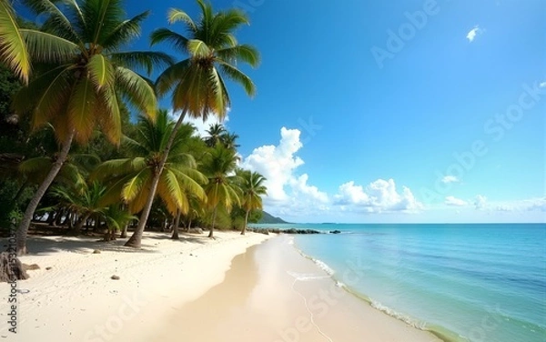 Fototapeta Bright scenic view of an empty, palm-fringed tropical beach in northeast Bahia, Brazil. High quality