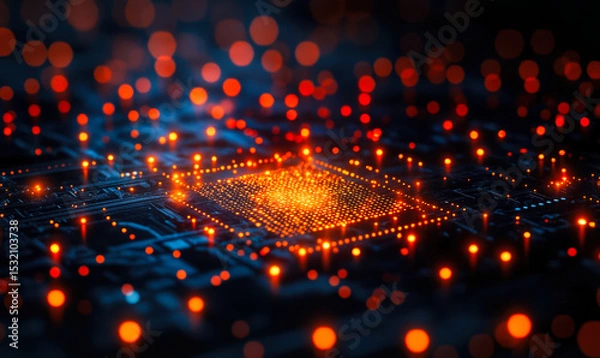 Fototapeta Close-up of glowing microchip circuit board with blue and orange lights representing digital technology and futuristic electronics concept with bokeh effects
