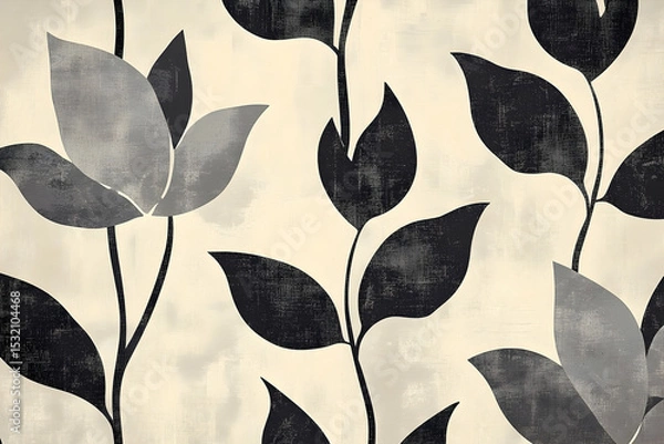 Fototapeta Abstract floral pattern in shades of gray and black on a cream background.