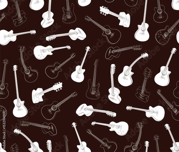 Fototapeta The seamless brown background with different guitars.
