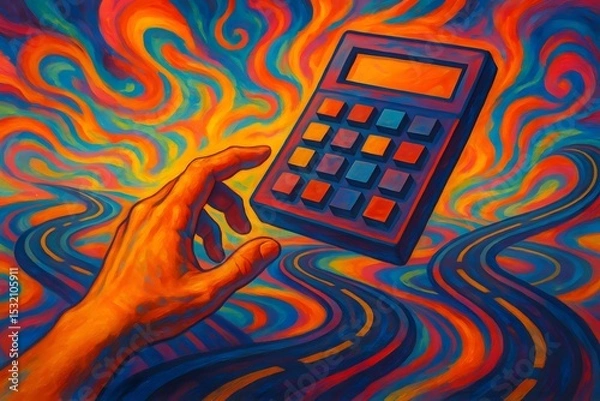 Fototapeta Surreal Calculation A Hand Reaching for a Calculator Amidst Abstract Swirling Roads and Sky