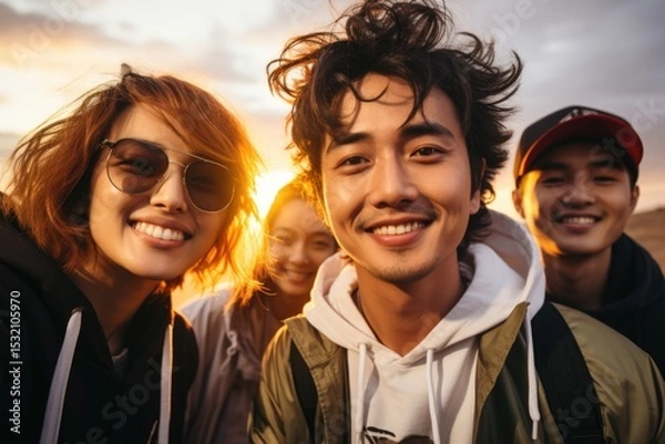 Fototapeta group of friends having fun at the beach, group of happy people, A group of young friends took selfies at the beach, fashion style, holding beer glasses at sunset on the beach.