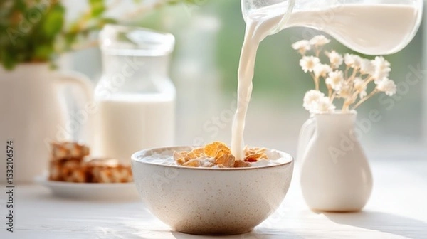 Obraz Fresh Breakfast with Milk Flowing into Bowl of Cereal in Morning Light