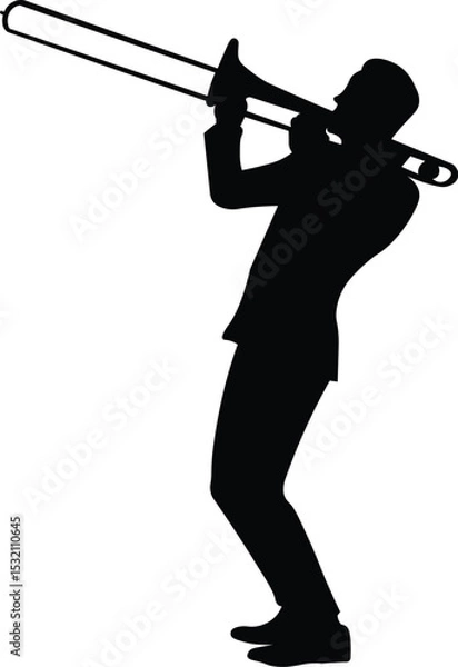 Fototapeta Trombone player silhouette. Jazz musical instrument silhouette isolated on white background. Vector Illustration