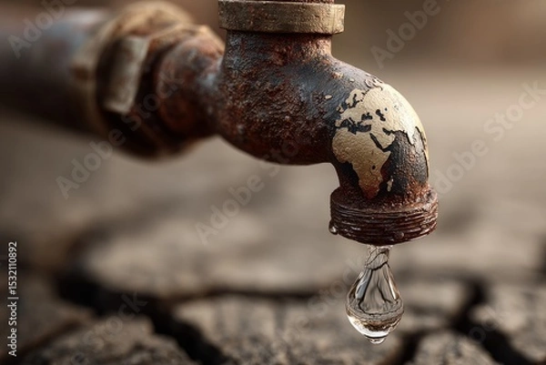 Obraz Rusty faucet with world map and a single water drop over dry cracked ground