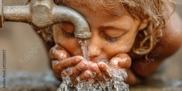 Obraz Child drinking water from tap with hands in rural setting
