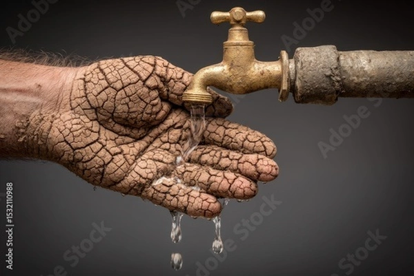 Obraz Dry cracked hand catching water from a rusty faucet on grey background