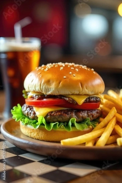 Fototapeta Close-up shot of a juicy burger, crispy fries, and a refreshing soda, classic fast food meal on a checkered table , food, juicy