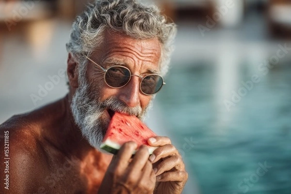 Obraz Senior man eating watermelon by the pool in summer light