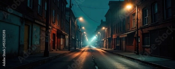 Fototapeta Gritty urban scene depicting a desolate street at night, illuminated by flickering streetlights and casting long shadows, suggesting a sense of danger and impending conflict , fight, drama