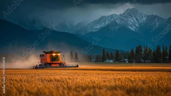 Fototapeta Combine harvester operates in a golden wheat field at dusk with misty mountains and a forested village in the background, showcasing rural life and rugged beauty