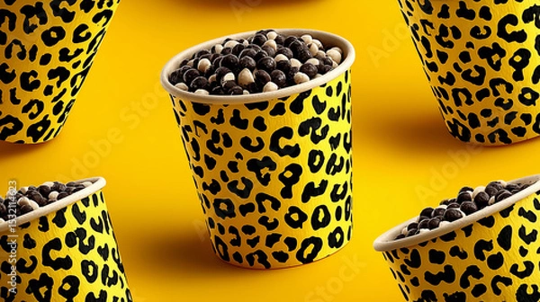 Fototapeta Bright yellow leopard-print cups filled with chocolate-coated treats on a vivid yellow background, blending bold design with sweet indulgence.