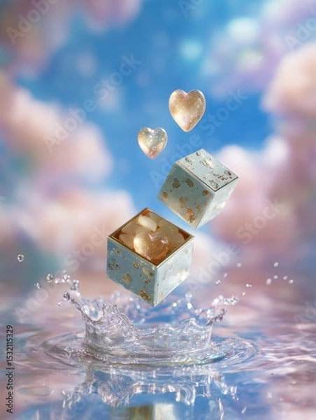 Fototapeta Floating cosmetic beauty package with heart elements in serene water environment