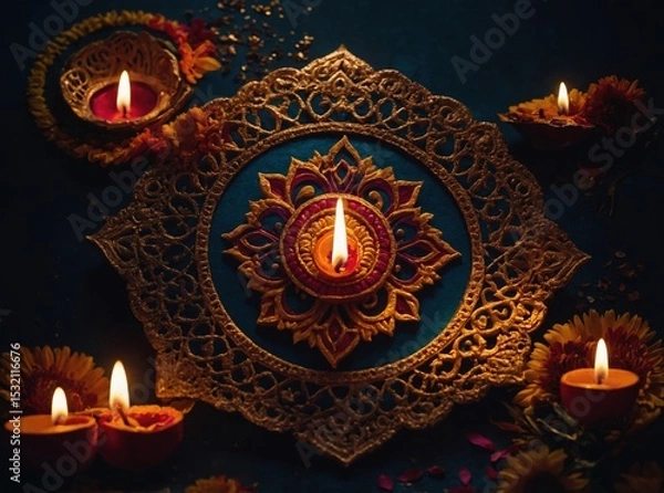 Obraz Illuminated Diya Lamps with Golden Filigree on a Festive Decorative Display