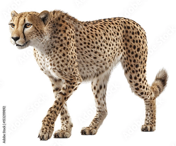 Fototapeta Cheetah in Motion: A sleek cheetah gracefully prowls with its characteristic spotted coat, radiating power and stealth, capturing its presence and the raw essence of the wild.