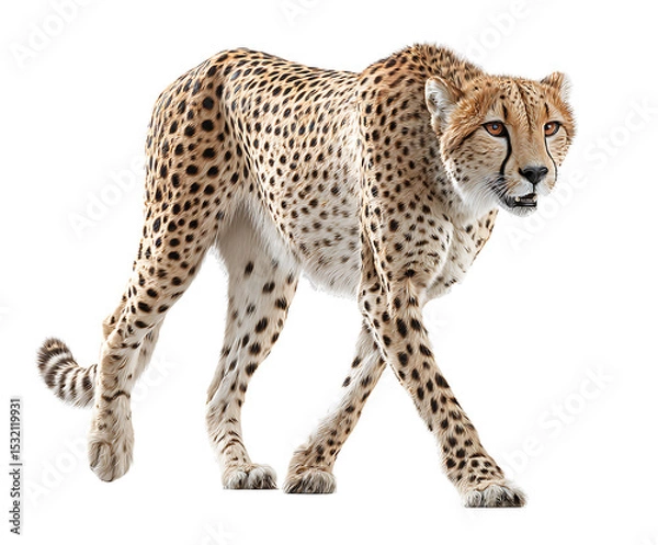 Fototapeta Cheetah on a Stroll: Witness the raw elegance of a cheetah as it strides forward, its sleek, spotted coat and keen gaze capturing the essence of the wild.