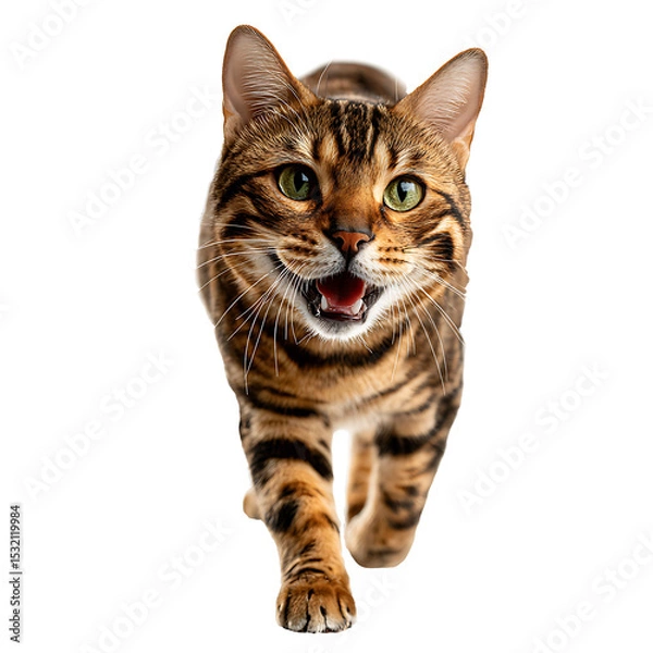 Fototapeta Bengal Cat on the Move: A stunning Bengal cat strides forward with its distinctive patterned coat, its eyes gleaming with curiosity and energy, captured in a dynamic, high-quality shot.