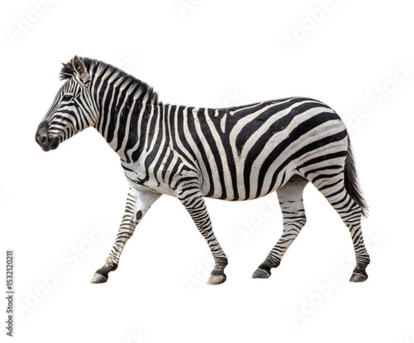 Fototapeta Zebra in Motion: A photorealistic depiction of a zebra, its striking black and white stripes creating a mesmerizing pattern, traversing across a natural plain.