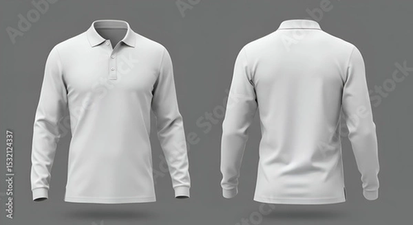 Obraz A blank, light gray polo shirt with long sleeves, presented in a front and back view against a plain gray background.