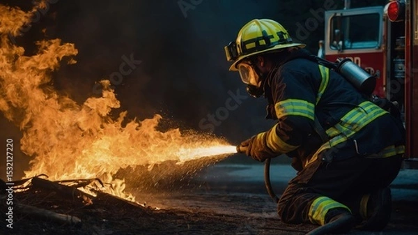 Obraz Firefighter kneeling with extinguisher putting out a fire at night near an engine