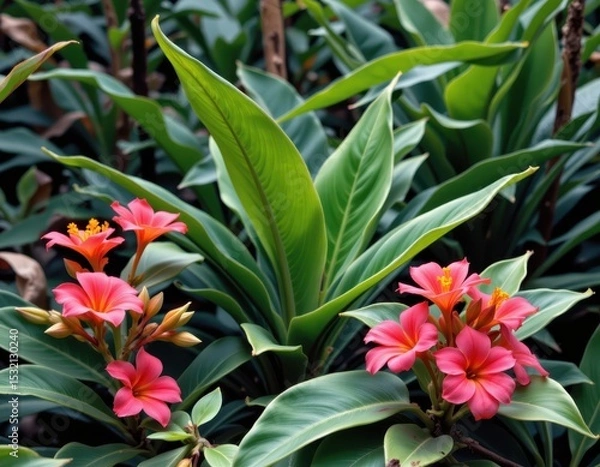 Obraz tropical plants developing mutualistic relationships with insects and animals in humid habitats for pollination.