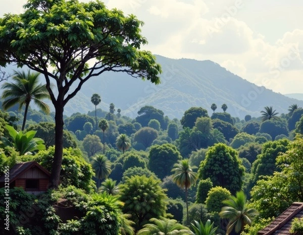 Obraz humid tropical zones supporting large emergent trees that tower above dense forest canopies for sunlight access.