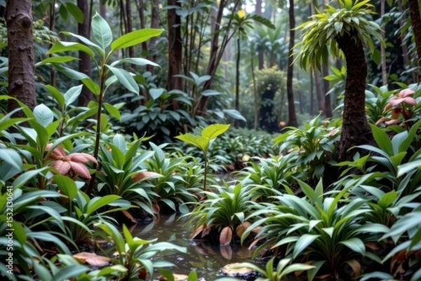 Obraz high humidity influencing the structure of tropical wetland plants adapted to saturated soils and waterlogged conditions.