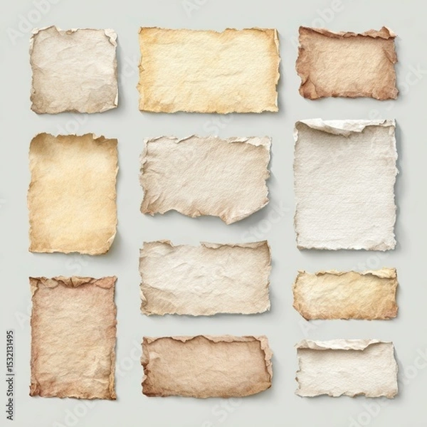 Fototapeta Variety of textured and aged paper sheets arranged randomly on a light background for creative design projects
