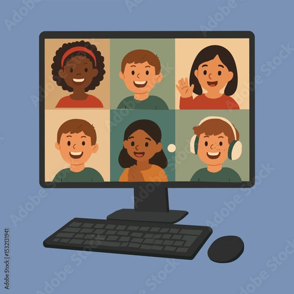 Fototapeta  Kids Online Class Video Call on Computer – Cartoon Vector Illustration