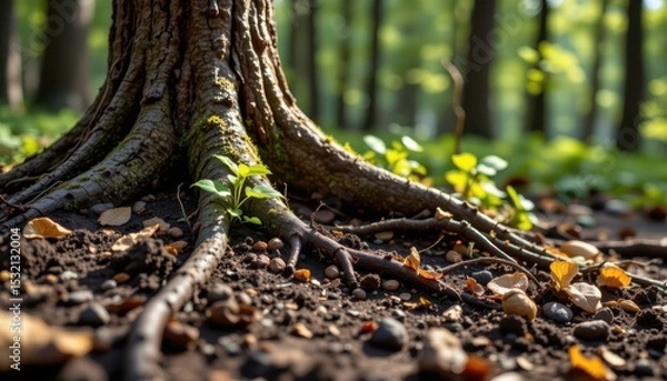 Fototapeta tree root exudates feed soil microbes, stimulating carbon storage and nutrient exchange in forest soils.