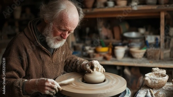 Fototapeta A Master Potter's Dedication: Shaping Clay into Art