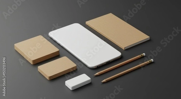 Fototapeta Business presentation with various stationary items, professional and casual design for branding. Mockup of a smartphone, notepad, business cards, pencils and an eraser on a dark surface.