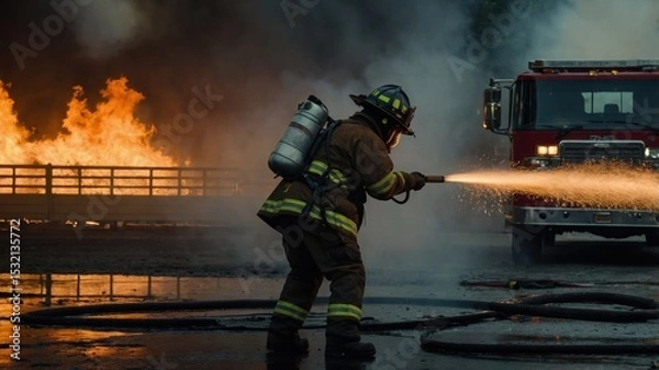 Obraz Firefighter Extinguishing Flames with Water Spray at a Burning Structure Near Firetruck