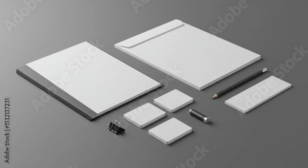 Obraz Modern, minimalist, and professional stationery set mockups with blank paper and black accents. Ideal for branding and marketing materials, or advertising promotional stationery.