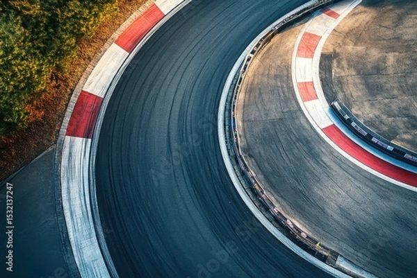 Fototapeta Aerial view of race track corner with tire marks and green landscape
