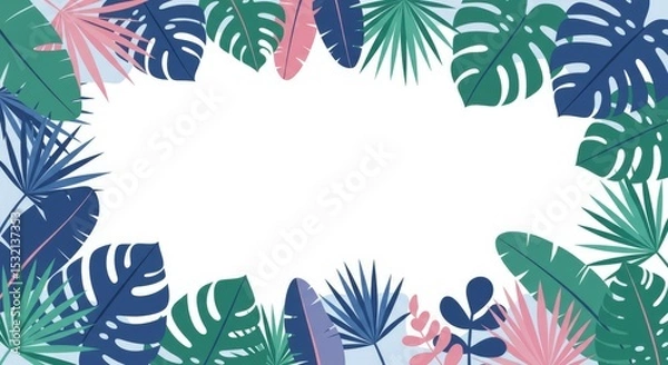 Fototapeta Vibrant tropical leaves and foliage create a colorful border on a gradient background. Ideal flat design illustration for summer themes, vacation, ...