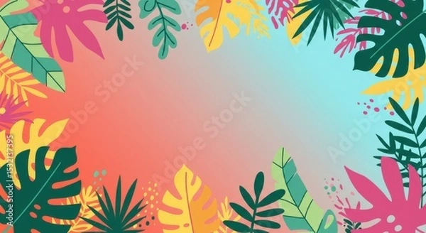 Fototapeta Vibrant tropical leaves and foliage create a colorful border on a gradient background. Ideal flat design illustration for summer themes, vacation, ...