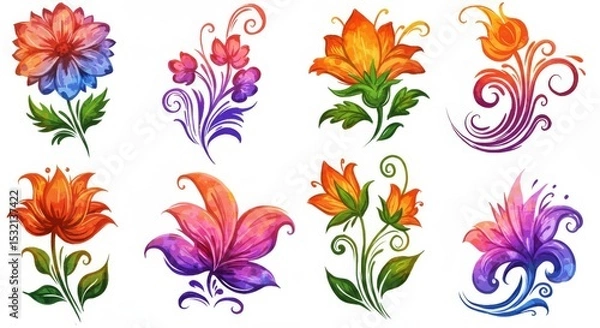Fototapeta  floral elements collection with vibrant, loose brushstrokes. Includes various flowers