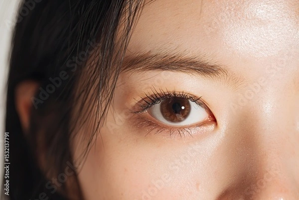 Fototapeta A close-up of the female model's eyes and eyebrows on a white background is used to photograph skincare products, showing delicate textures, sharp focus, and detailed expressions in soft lighting.