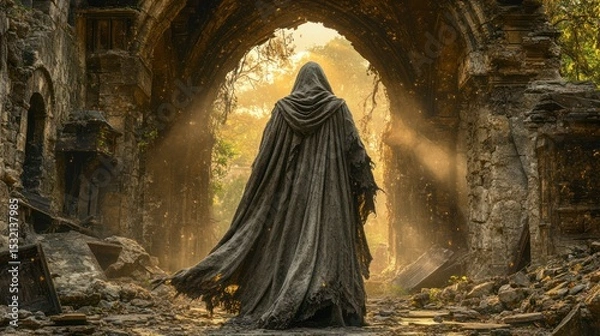 Fototapeta A hooded figure wrapped in a long flowing cloak stands in the center of a crumbling stone arch at dusk. The golden light of the setting sun penetrates through the arch
